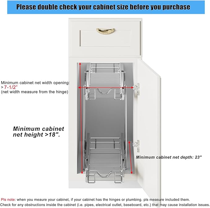 DINDON Pull Out Cabinet Organizer (7-1/2" W x 21-1/2"D), Cabinet Pull Out Shelves, 2 Tier Pull Out Drawers for Kitchen Cabinets, Wire Basket Slide Out Shelf for Cabinet Organization - Image 3