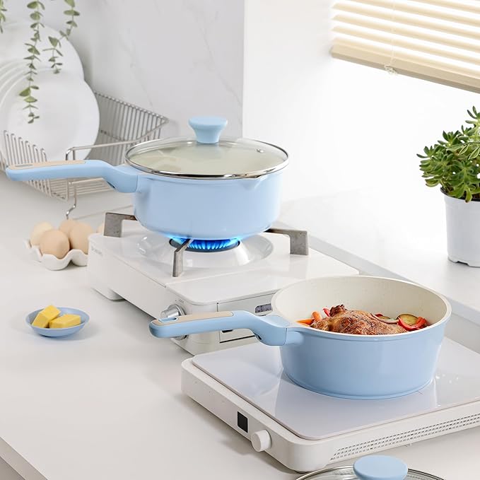 SENSARTE Ceramic Nonstick Saucepan with Lid 2.0 Quarts, Small Cooking Pot with Stay Cool Handle, Induction Compatible, Ceramic Coating, Free of Intentionally Added PTFE/PFOA/PFAS, Glacier Blue
