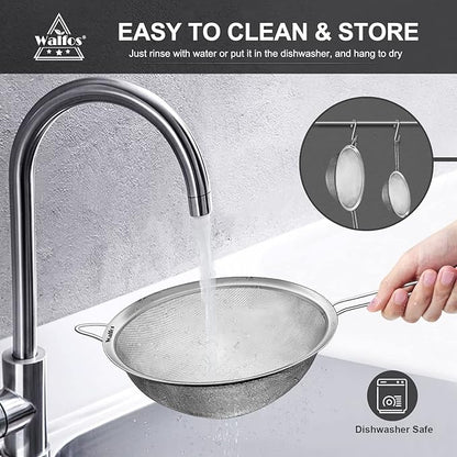 Walfos Large Fine Mesh Strainer 9.35" & 7.8", Stainless Steel Mesh Sieve with Sturdy Handle, Kitchen Metal Food Strainers for Quinoa, Rice, Pasta, Fruits, Vegetables, etc., Set of 2 - Image 7