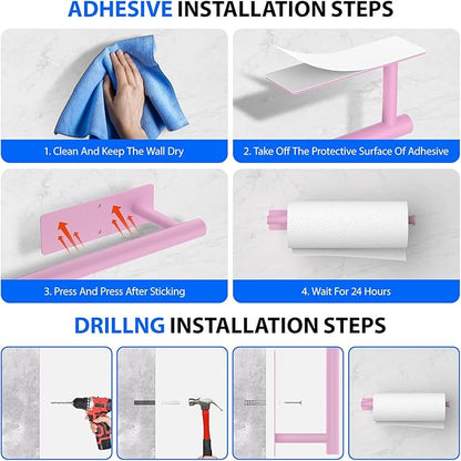 Paper Towel Holder Under Cabinet, Self-Adhesive,No Drilling, Stainless Steel, Wall-Mounted for Kitchen and Bathroom, Easy Install, Durable, Space-Saving, Ideal for Home, RV (Pink, 2 Pack) - Image 6