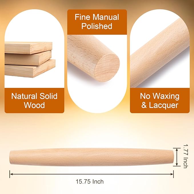 AISOSO French Rolling Pin, 15.75 Inches Wood Rolling Pins for Baking, Extra Long Classic Wooden Dough Roller for Fondant Pizza Pie Crust Cookie Pastry, Kitchen Baking Essentials, Light Yellow - Image 2