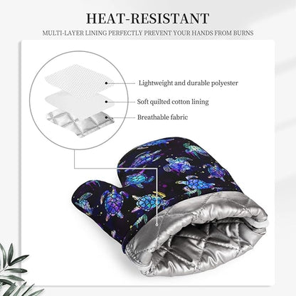 Sea Turtle Oven Mitts and Pot Holders Set - Heat Resistant, Non-Slip Silicone Kitchen Gloves for Cooking, Baking, Grilling, BBQ - Waterproof & Easy Clean Kitchen Accessories