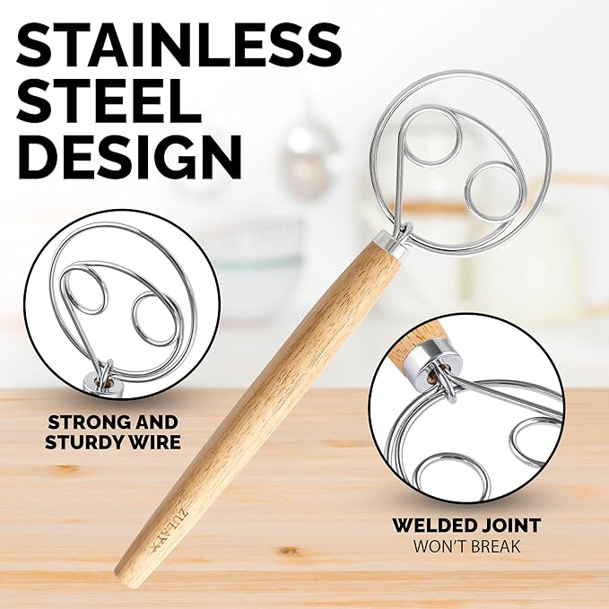 Zulay Kitchen Double-Eye 13" Danish Dough Whisk - Durable Easy Mixing Bread Whisk, Stainless Steel Danish Dough Hook, Sourdough Whisk For Mixing, Traditional Dutch Whisk, Dough Mixer Tool - Acacia - Image 6
