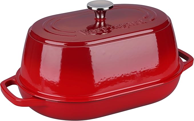 VORRINGARD Enameled Cast Iron Dutch Oven Pot with Dome Lid, Oval Bread Oven for Homemade Sourdough Bread Baking, Oven Safe up to 500°F, 6 Quart, Red