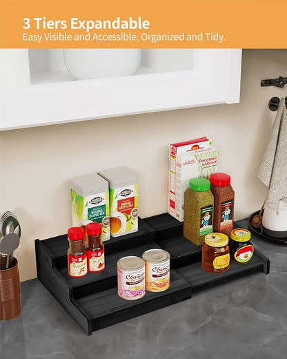 VenDotbi Spice Rack, 3-Tier Expandable Bamboo Spice Rack Organizer for Cabinet, Kitchen, Pantry and Cupboard Storage Organizer-Black(2pack)