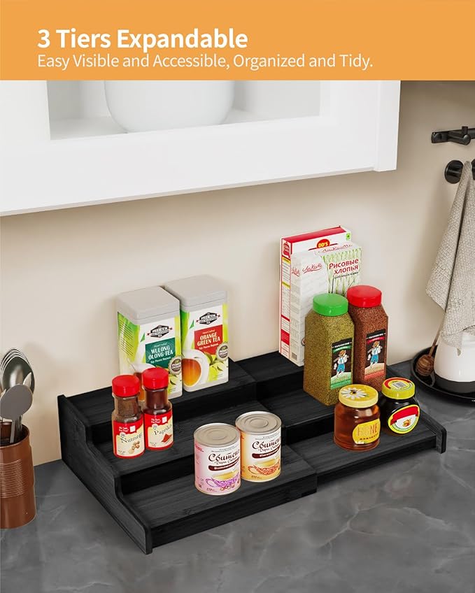 VenDotbi Spice Rack, 3-Tier Expandable Bamboo Spice Rack Organizer for Cabinet - Kitchen, Pantry and Cupboard Storage Organizer-Black - Image 3