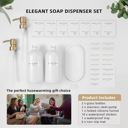 Soap Dispenser Bathroom - Dish and Hand Soap Dispenser Set, Glass Soap Lotion Dispenser with Pump for Kitchen with Tray, Waterproof Labels, 2 Lotion White Bottle/Gold Pump N