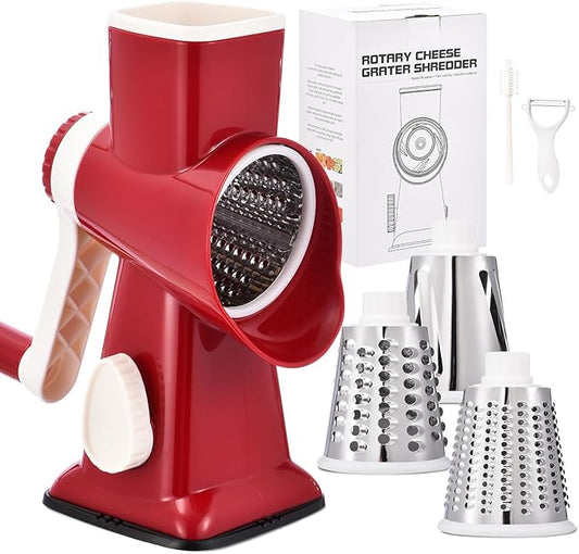 Rotary Cheese Grater with Handle Kitchen Shredder Slicer Grater Slicer Ice Shaver Cheese Vegetable Nuts Potato Zucchini Chocolate 3 Interchangeable Blades (RedWhite) by Ziweaye