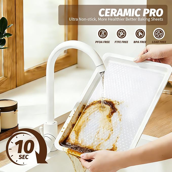 Nonstick Ceramic Baking Sheet with Rack, 2-Pack 13x9 Quarter Sheet Pan,(External 10x14), Non-Toxic PTFE & PFOA Free Warp-Free Oven Safe 550°F Dishwasher Safe, Aluminized Steel, Gray Yellow