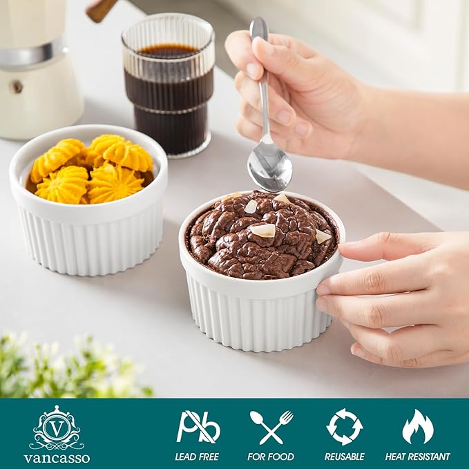 vancasso 10 oz Ramekins with Lid, Porcelain Creme Brulee Souffle Dishes, White Pudding Custard Cups Ramiken for Baking, Dishwasher and Oven Safe, Set of 6 - Image 4