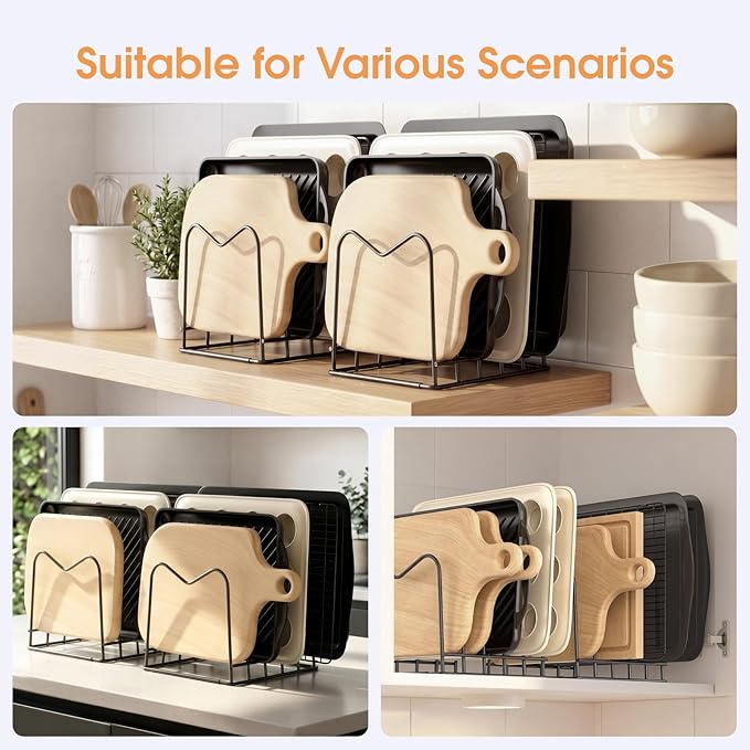 ORDORA 2 Pack Cutting Board Holder Stand Rack Organizer for Cabinet, 5mm Wire Storage Rack for Countertop, Baking Cookie Sheet Pan Organizer inside Cabinet, Chopping Board Holder for Pots and Skillets - Image 6