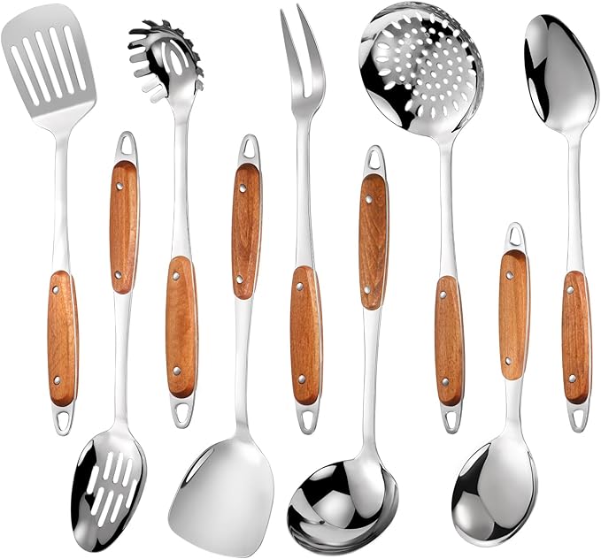 304 Stainless Steel Cooking Utensils Set,9PCS Metal Kitchen Utensils Set with Wooden Handle,Solid Spoon,Spatula,Ladle,Skimmer Spoon,Spaghetti Spoon,Dishwasher Safe by Lazycorner