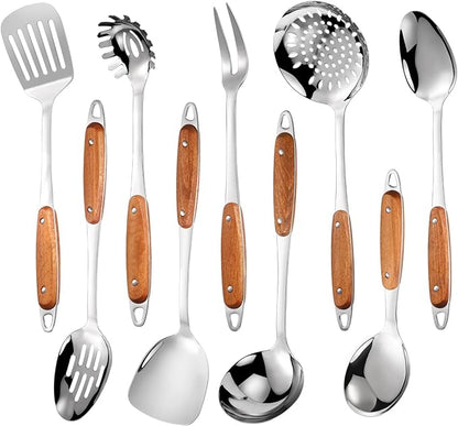304 Stainless Steel Cooking Utensils Set,9PCS Metal Kitchen Utensils Set with Wooden Handle,Solid Spoon,Spatula,Ladle,Skimmer Spoon,Spaghetti Spoon,Dishwasher Safe by Lazycorner
