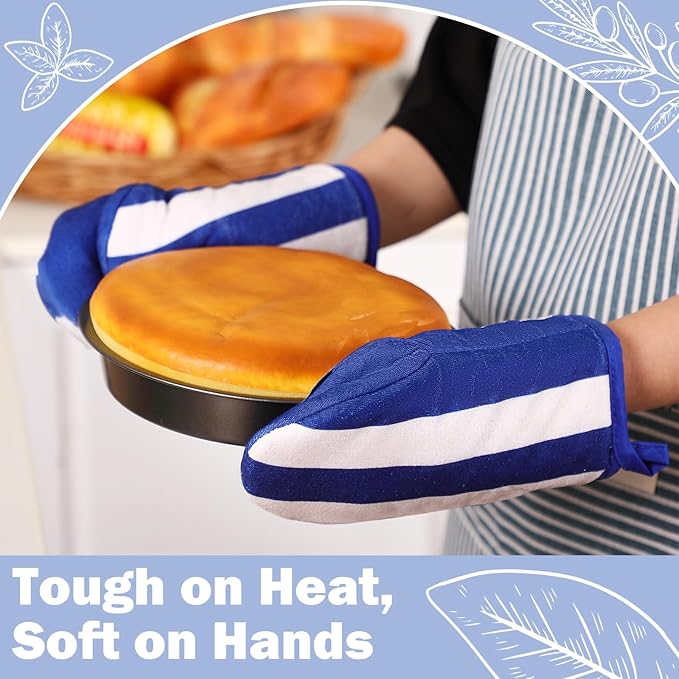 Reallnaive Oven Mitts and Pot Holders 4 Pcs Set for Kitchen, Stripe Cotton Oven Mitten Gloves Hot Pads Heat Resistant 500°f Outdoor Indoor Garden Baking Cooking BBQ Gift Hanging Loop, Beige (Blue) - Image 5