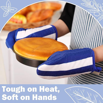 Reallnaive Oven Mitts and Pot Holders 4 Pcs Set for Kitchen, Stripe Cotton Oven Mitten Gloves Hot Pads Heat Resistant 500°f Outdoor Indoor Garden Baking Cooking BBQ Gift Hanging Loop, Beige (Blue) - Image 5
