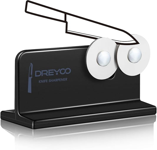 Dreyoo Cutlery Pointed Edge Knife Sharpener, Double Sided Stainless Steel Wheels Cutlery Knife Sharpener, Broadhead Knife Sharpeners for Kitchen Knives, Pocket Knives, Blade, Camping Use