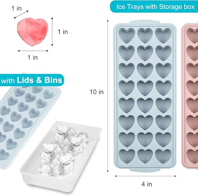 2 Pack Heart Shpaed Ice Cube Trays with Lids and Bins Ice Molds with Ice Storage Box, 48 Holes Silicone Heart Ice Cube Tray for Whiskey Cocktail Fun Shapes Cubes, with Lids & Bins - Image 2