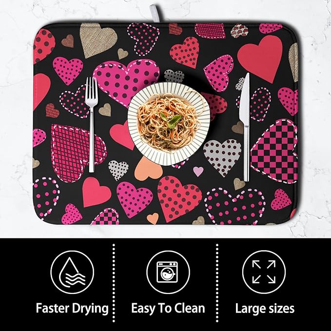 Valentine's Day Kitchen Drying Mats for Dishes 16x18 Inch Love Heart Dish Drying Mat Black Pink Polka Dots Dish Drainer Mat Super Absorbent Dish Rack Pad for Coffee Bar Sinks - Image 4