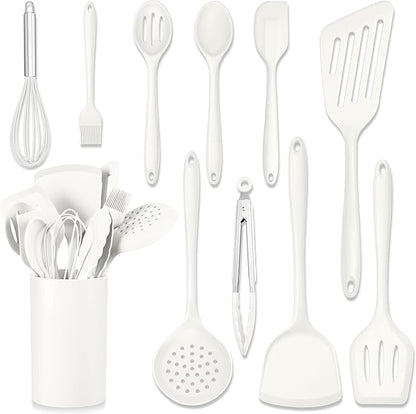 HaWare 11 PCS Silicone Cooking Utensils Set, Heat Resistant Kitchen Utensils with Holder, Food-grade Spatula Sets for Nonstick Cookware, Kitchen Tools Gadgets Include Fish Turner, Spoon (White) by HaWare