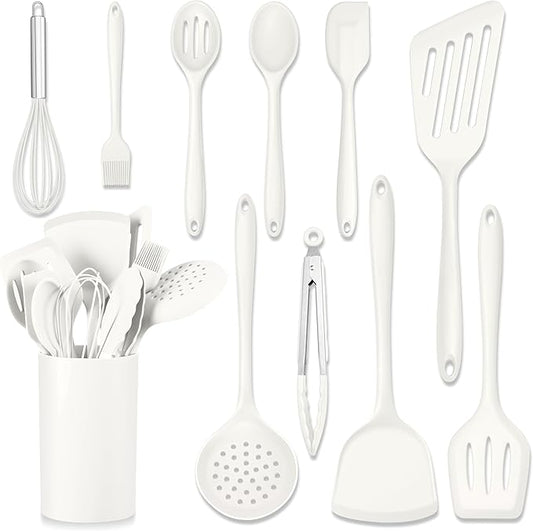 HaWare 11 PCS Silicone Cooking Utensils Set, Heat Resistant Kitchen Utensils with Holder, Food-grade Spatula Sets for Nonstick Cookware, Kitchen Tools Gadgets Include Fish Turner, Spoon (White) by HaWare