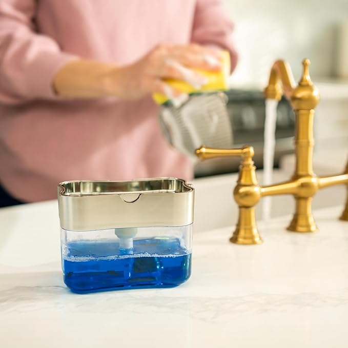 S&T INC. Dish Soap Dispenser and Sponge Holder for Kitchen Sink, Sponge Included, 13 Ounces, Metallic Silver - Image 4