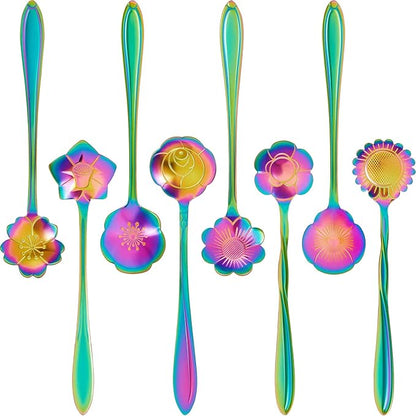 Chengu 8 Pieces Flower Coffee Tea Spoons Stainless Steel Sugar Spoons Tea Party Flower Fancy Tableware Set Stir Bar Creative Stirring Teaspoon, 8 Different Patterns(Rainbow Color) by CHENGU