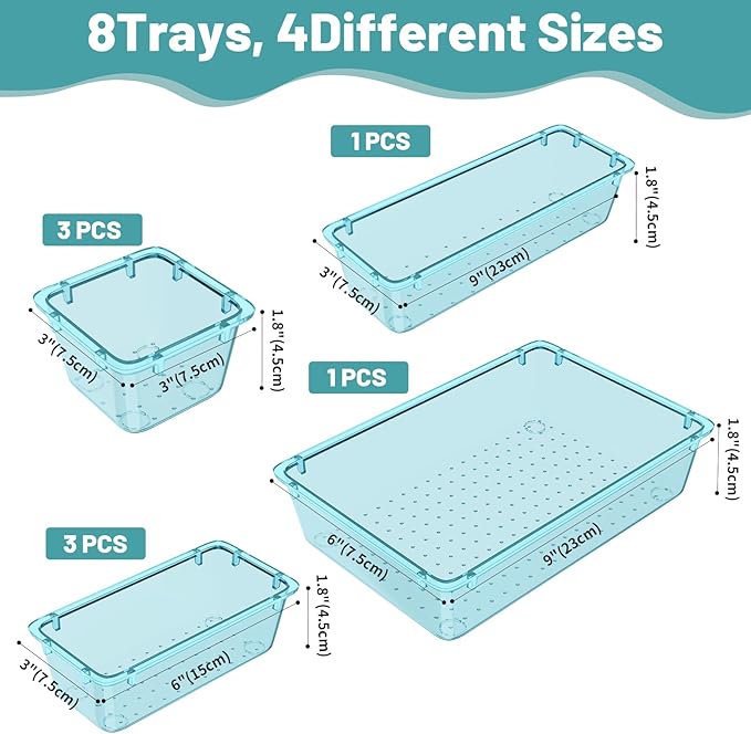 WOWBOX 8 PCS Plastic Drawer Organizer Set, 4 Sizes Desk Drawer Organization and Storage Containers for Makeup, Cosmetics, Jewelry and Gadgets in Kitchen, Bathroom, Bedroom, Office, Clear Sea Blue - Image 3