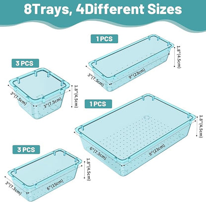 WOWBOX 8 PCS Plastic Drawer Organizer Set, 4 Sizes Desk Drawer Organization and Storage Containers for Makeup, Cosmetics, Jewelry and Gadgets in Kitchen, Bathroom, Bedroom, Office, Clear Sea Blue - Image 3