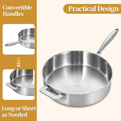 LOLYKITCH 8.5-10 Inch Tri-Ply Stainless Steel Frying Pans and 12 Inch Sauté Pan with Lid,Induction Cookware Set,Multipurpose and Detachable Handle,Dishwasher and Oven Safe