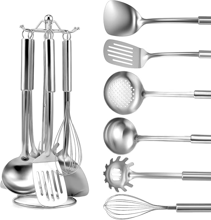 Stainless Steel Kitchen Cooking Utensils Set of 7 - Kitchen Utensils with Hanging Rack, Spatula, Slotted Turner, Soup Ladle, Slotted Spoon, Whisk, Pasta Server, Holder, Dishwasher Safe by Gymdin