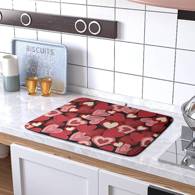 Valentine Dish Drying Mat for Kitchen Counter Red Black Love Heart Drying Pad Microfiber Absorbent Coffee Bar Mat Heat Resistant Countertop Protector Dishes Drainer Mat 18x24 Inch - Image 5