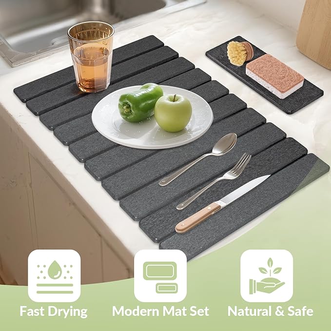 Large Stone Dish Drying Mat for Kitchen Counter, 24"x16"&8"x4", Foldable Fast-Drying Diatomaceous Earth Dish Mat, 2PCS Eco-Friendly Water Absorbent Pads Set for Kitchen Bathroom, Gray