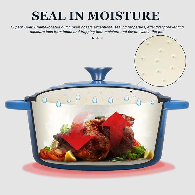 Overmont Enameled Cast Iron Dutch Oven - 4.5QT Pot with Lid Cookbook & Cotton Potholders - Heavy-Duty Cookware for Braising, Stews, Roasting, Sourdough Baking blue - Image 2