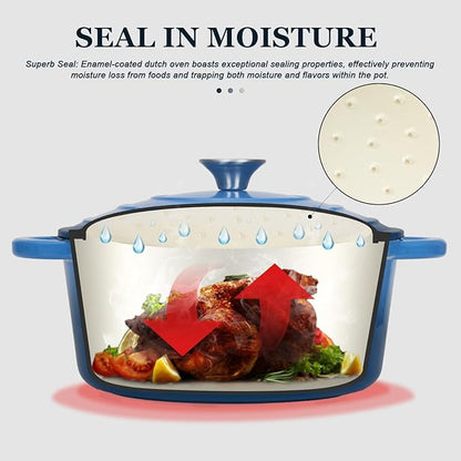 Overmont Enameled Cast Iron Dutch Oven - 7QT Pot with Lid Cookbook & Cotton Potholders - Heavy-Duty Cookware for Braising, Stews, Roasting, Sourdough Baking blue - Image 2