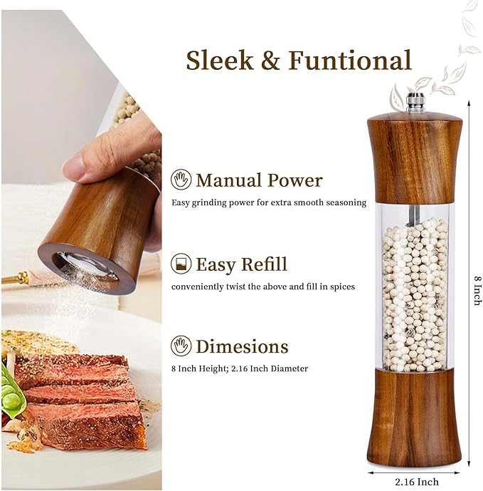 XWXO Acacia Wood Premium Acrylic Salt and Pepper Grinder Set 8 Inches Salt and Pepper Mill Set, Manual Mills- Wooden Shakers with Adjustable Ceramic Core 2 Pack for Kitchen Home Gift - Image 2