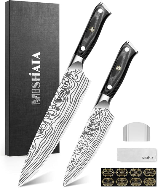 MOSFiATA 2Pcs Chef Knife Set, Sharp Kitchen Knife High Carbon German EN1.4116 Stainless Steel Cooking Knife, 9"&6" Chopping Knife Kitchen Knives Set with Ergonomic Handle, Gift Box by MOSFiATA