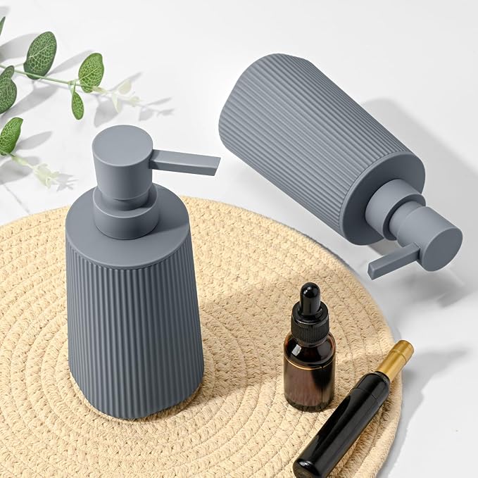 Gray 2 Pack Hand Soap Dispensers Set with No Rust Pump for Bathroom and Kitchen Countertops Refillable Matte Striped Plastic 8.5 oz
