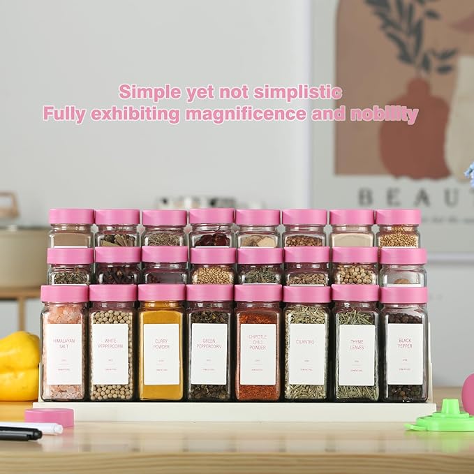 Pink Spice Jars with Label，4oz Seasoning Containers, Glass Spice Bottles with Shaker Lids,Funnel, Chalk Pen (Pink, 48) - Image 3