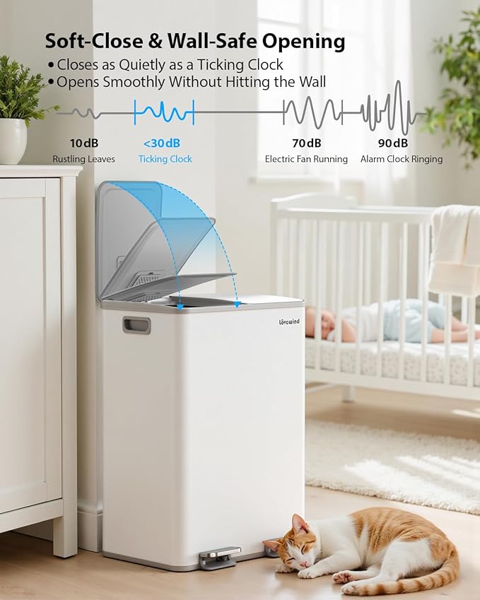 Lovewind Kitchen Trash Can, 2 x 8 Gallon (2 x 30 L) Stainless Steel Trash and Recycle Bin Combo with Soft-Close Lid, Dual Compartment Recycling Kitchen Step Trash Bin, White - Image 4