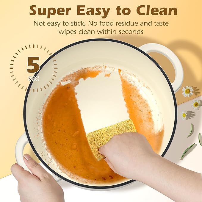 Umite Chef Enameled Cast Iron Dutch Oven-7QT Pot with Lid Cookbook & Cotton, Heavy-Duty Cookware for for Bread Baking, Braising, Stews, Marinate, Cook(Cream White) - Image 4
