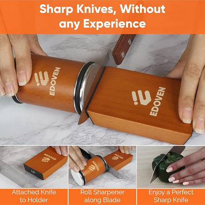 Knife Sharpener Tool – Rolling Knife Sharpener Kit with Diamond & Ceramic Discs, Magnetic 15° & 20° Angle Guide, Manual Kitchen Knife Sharpener for Steel Knives, Ideal Gift - Image 6