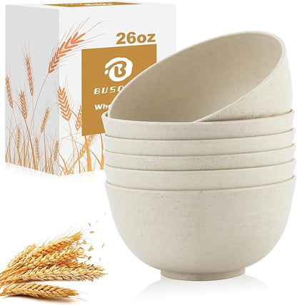 Soup Bowls 26oz, Wheat Straw Bowls Set of 6, Unbreakable Cereal & Popcorn Bowls, Microwave & Dishwasher Safe Prep Bowl for Outdoor, Picnic, Hiking, Beach - Beige
