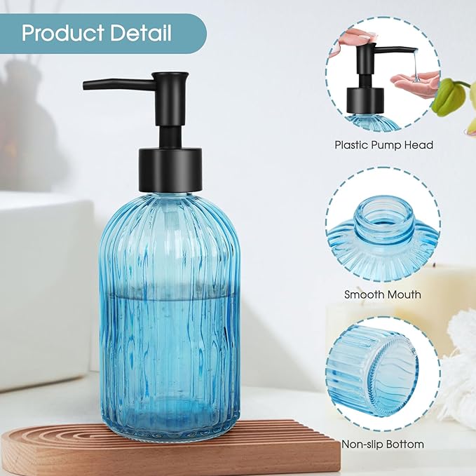 Topsky Stripe Glass Soap Dispenser with Black Plastic Pump, 400ml Liquid Hand Soap Dispenser, Rustproof Pump for Kitchen & Bathroom, Great for Lotions, Essential Oil, Liquid Soaps- (Light Blue) - Image 4