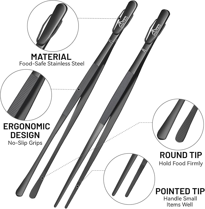 HOTEC Kitchen Tweezers Tongs Stainless Steel Professional Chef Tweezers, Set of 2-12inch Extra-Long Food Tongs for Cooking,Grill and Baking - Image 6