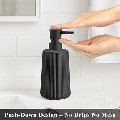 Black 2 Pack Hand Soap Dispensers Set with No Rust Pump for Bathroom and Kitchen Countertops Refillable Matte Striped Plastic 8.5 oz