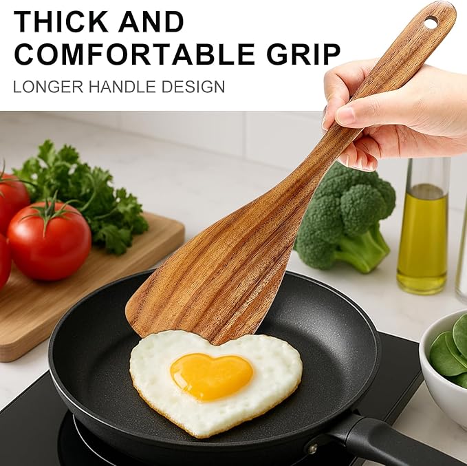 8 Pcs Best Non Toxic Kitchen Utensil Set Teak Wooden Cooking Spoons Nonstick Flat Slotted Turner Spatula Bamboo Wood Serving Utensils for Cooking Egg Spatulas for Kitchen Use Tools Slotted Pasta Spoon