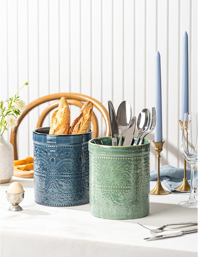 Kitchen Utensil Holder, 7 Inches Large Ceramic Utensil Holder for Countertop, Lace Emboss Cooking Utensil Crocks for Kitchen, Home Decor, Reactive Blue - Image 8