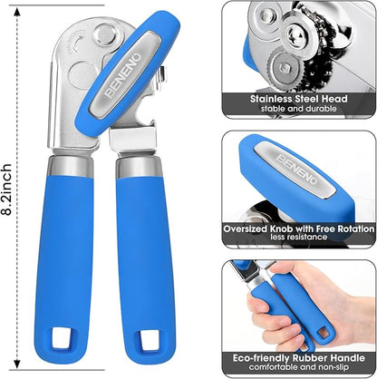 Beneno Heavy Duty Hand Can Opener Manual with Magnet, Durable Sharp Carbon Steel Blade Smooth Cutting, Big Effort-Saving Knob & Soft Grip Handle, Multifunctional Bottle Opener, Klein Blue - Image 2