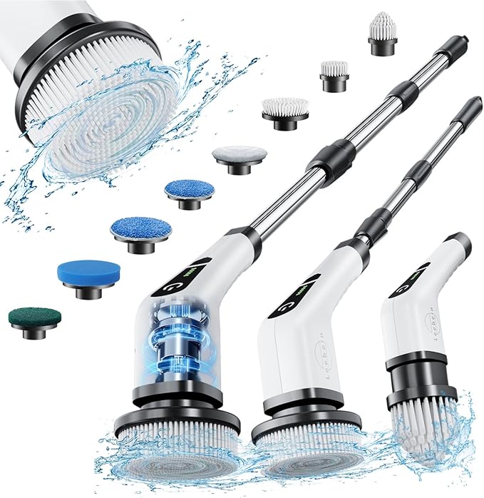 Leebein Electric Spin Scrubber, Cordless Cleaning Brush with 8 Replaceable Brush Heads, Tub and Floor Tile 360 Power Scrubber Dual Speed with Adjustable & Detachable Handle for Bathroom Kitchen Car by Leebein