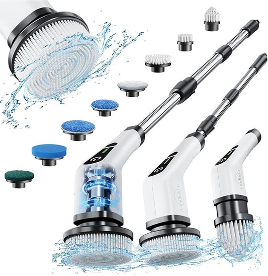 Leebein Electric Spin Scrubber, Cordless Cleaning Brush with 8 Replaceable Brush Heads, Tub and Floor Tile 360 Power Scrubber Dual Speed with Adjustable & Detachable Handle for Bathroom Kitchen Car by Leebein